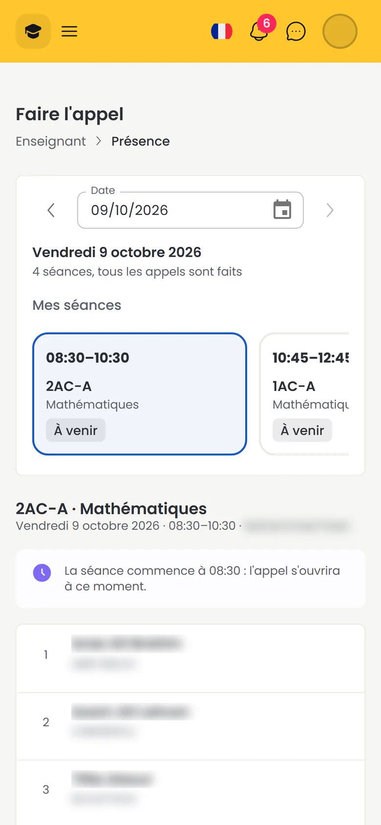 Écran d'appel de Madaris sur téléphone : les séances du jour de l'enseignant, puis la liste des élèves de la séance