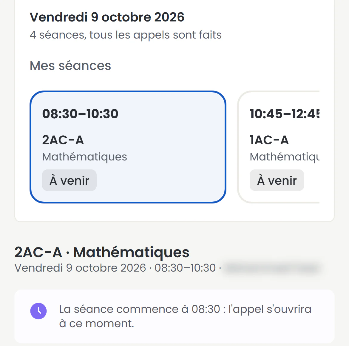 Écran d'appel de Madaris sur le téléphone d'un enseignant : les séances du jour, puis la séance de mathématiques de la 2AC-A, dont l'appel s'ouvre à son début