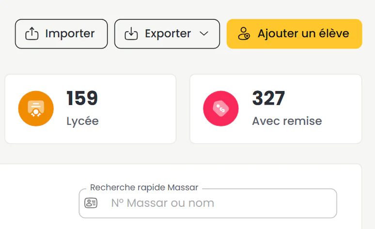 Boutons pour importer et exporter la liste des élèves, et recherche rapide par numéro Massar