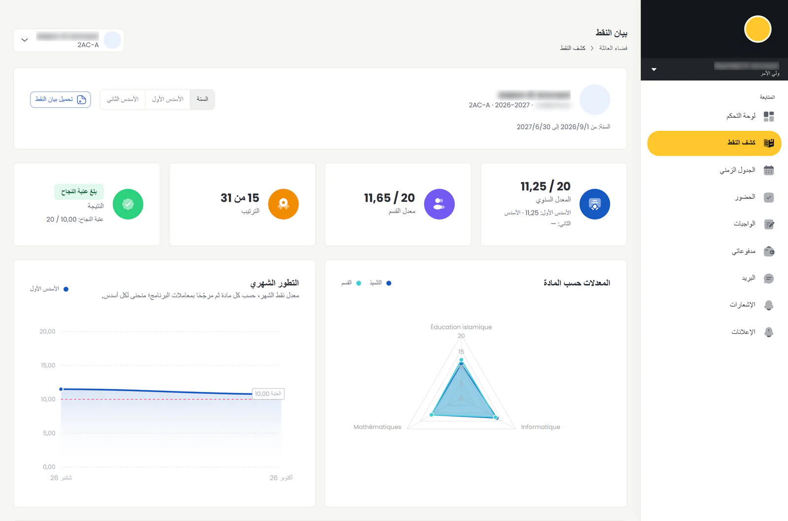 بيان نقط تلميذ في فضاء أولياء الأمور في Madaris: المعدل السنوي، معدل القسم، الترتيب، مبيان حسب المادة والتطور الشهري